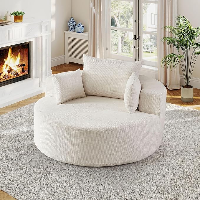 55"W Oversized Round Chair Lounge Chaise Indoor,Upholstered Comfy Circle Sofa Armchair,Modern Cozy Boneless Foam Floor Reading Chair for Living Room,Bedroom,No Assembly Required(Grid Chenille,Beige)