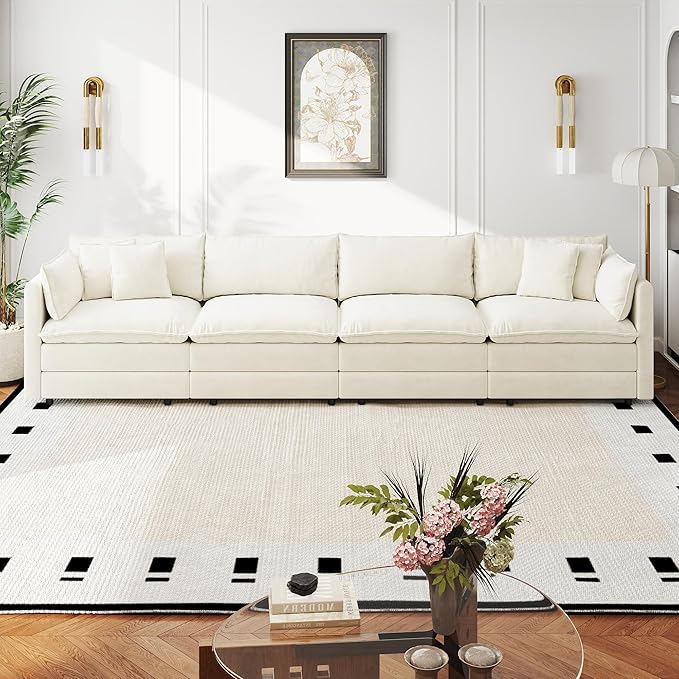 Aoowow Modular Sectional Sofa,147.2 Inch Deep 4-Seater Sofas Comfy Chenille Cloud Sofas and Couches with Pillows for Living Room Apartment（Beige）