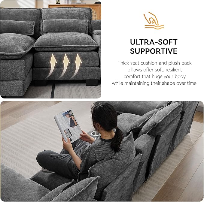 125'' U Shaped Cloud Modular Sofa, Chenille Upholstered Comfy Sectional Couch with Storage Console, USB Charging Ports & Cup Holders, Modern Deep Seat Sofa for Living Room, Grey