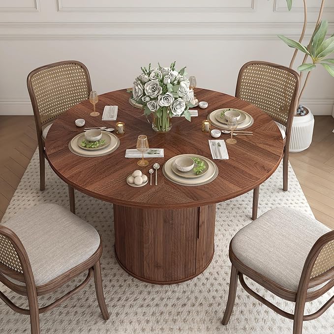 weselon 47 inch Round Dining Table for 4, Kitchen Table Dinner Table with 2-Layer Storage Shelf and Wood Slide Door for Home Dining Room Living Room (Walnut)