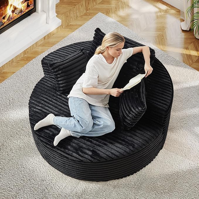 55"W Oversized Round Chair Lounge Chaise Indoor, Upholstered Comfy Circle Sofa Armchair, Modern Cozy Boneless Foam Floor Reading Chair for Living Room, Bedroom, No Assembly Required(Corduroy, Black)