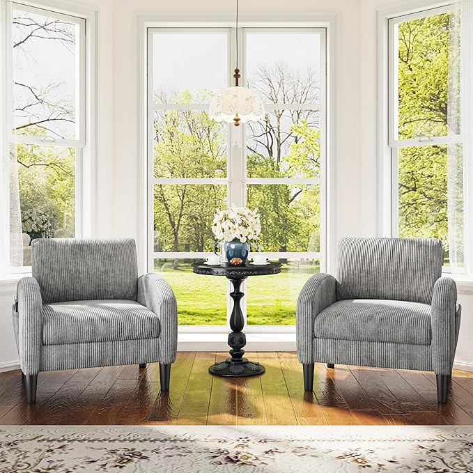 Accent Chair,Comfy,Mid-Century,2 Side Pockets,Armchair,Upholstered Bedroom Chair for Apartment,Waiting Room,Grey