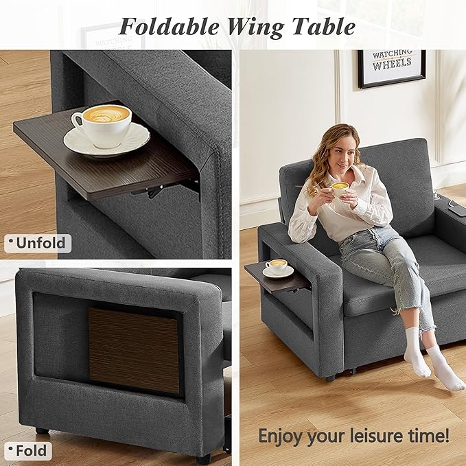 WEUP 42.5" Sleeper Sofa Chair Bed, 3-in-1 Convertible Sleeper Chair with Pull Out Bed, Adjustable Reclining Backrest, Side Pockets, Cup Holder, USB Ports & Wing Table, Premium Dark Grey