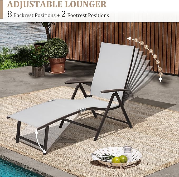 VredHom 2PCS Patio Chaise Lounge Outdoor Adjustable Folding Lounge Chair Recliner with 8 Adjustable Backrest Positions for Pool Beach Yard, Light Grey Textliene & Brown Aluminum Frame