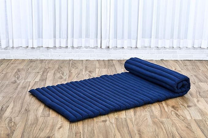 Leewadee - Foldable Floor Mattress - Japanese Roll Up Futon -Trifold Tatami Mat- Guest Floor Bed - Camping Mattress - Thai Massage Mat, Kapok Filled, 75 x 28 inches, Blue