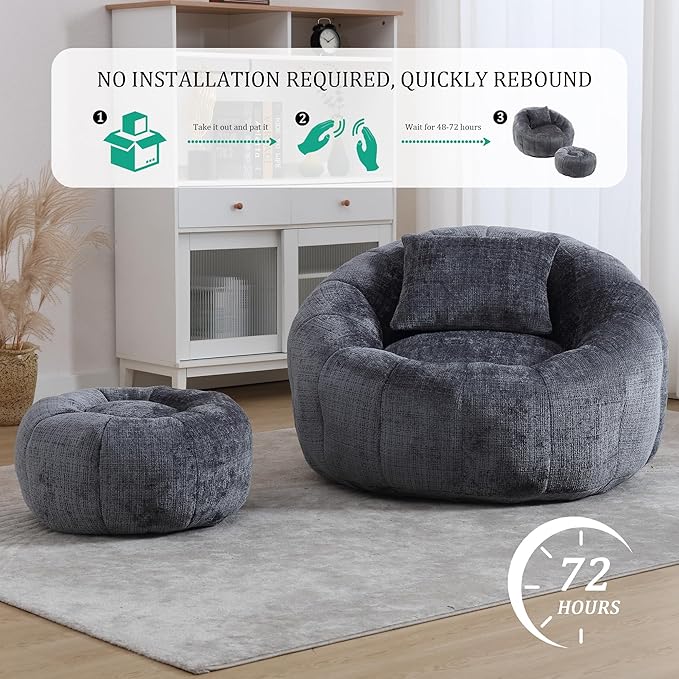 HOMEFLEX Modern Bean Bag Chair for Adults, Comfy Reading Nook Seating with Pillow, Round Chairs with Ottoman, Leisure Single Sofa, Ideal for Living Room, Bedroom, Apartment (Gray)