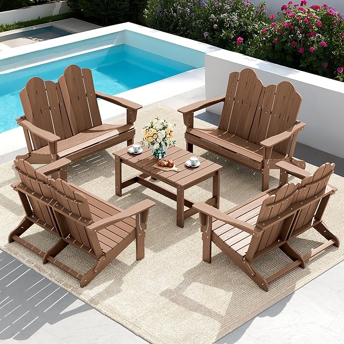 SERWALL Folding Adirondack Bench, HDPE All-Weather Adirondack Loveseat Set of 2, Brown