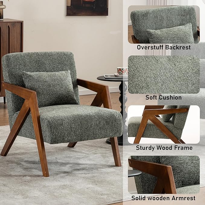 Mid-Century Modern Accent Chair Set of 2 with Solid Wood Frame，Upholstered Chenille Living Room Arm Chairs with Pillow for Bedroom, Living Room, Reading Room, Balcony, Green