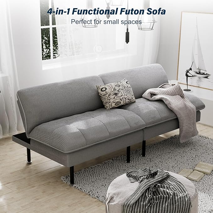 70" Futon Sofa Bed, 4 in 1 Multi-Function Couch Sleeper with Adjustable Backrest, Modern Convertible Futon, Recliner Small Loveseat for Living Room, Dorm, Light Grey