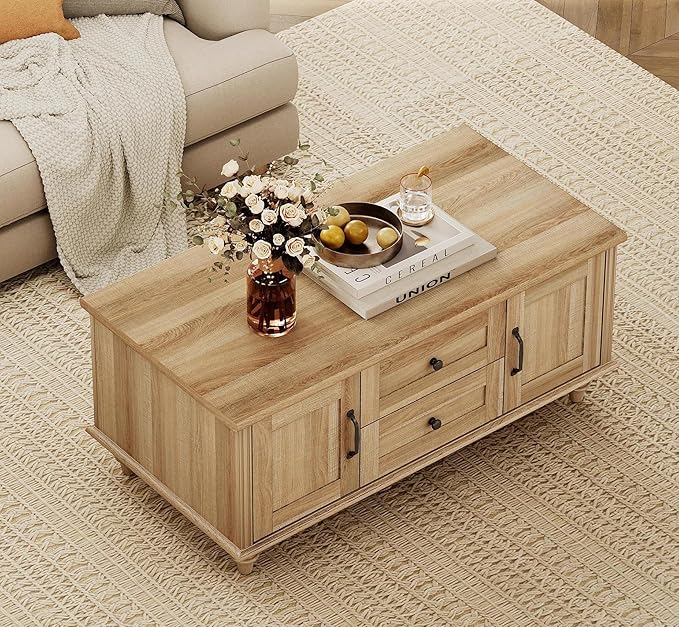 WAMPAT Oak Coffee Table with Drawer & Storage Cabinet, Farmhouse Rustic Center Table for Living Room, Rectangle Wooden Cocktail Table Tea Table for Home, Office