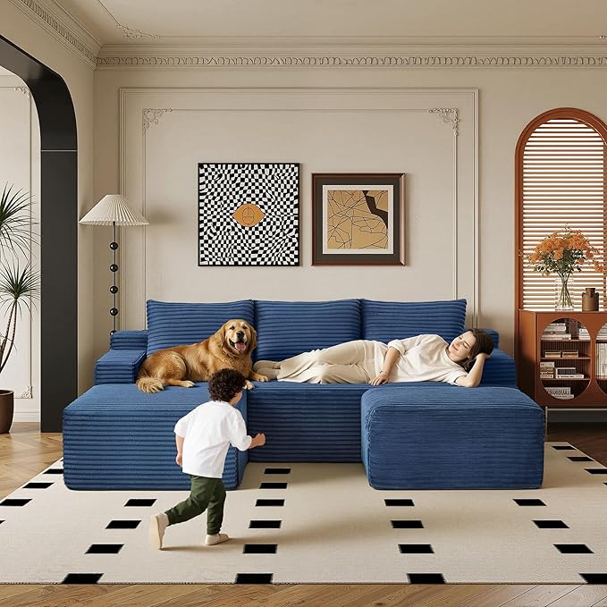 96" Sectional Couches for Living Room Cloud Couch Sofa with L-Shape Upholstered Boneless Couchs Modern Modular Sectional Couch with Chaise (Bule, 96" W+Left Facing Chaise+2Seaters+Ottoman)