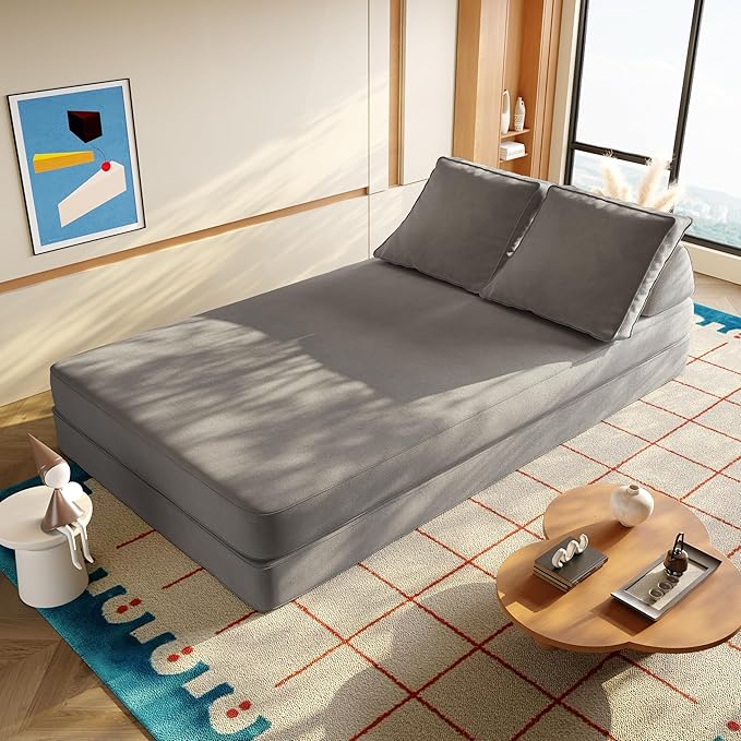 Convertible Sleeper Sofa Bed Floor Sofa,86.6" King Size Folding Mattress Couch with Pillow,Upholstered Boneless Cloud Couch for Apartment Living Room Bedroom (Light Gray)