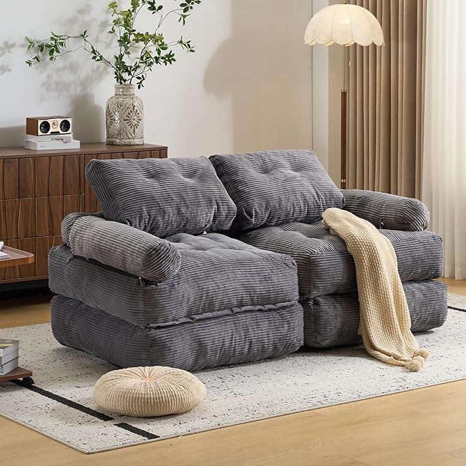 Folding Sofa Bed with Armrest,Convertible Sleeper Chair for Adults, Folding Sofa Bed Foam Filling Couch with Pillow，Sleeper Chairs Single Size Floor Mattress,Grey