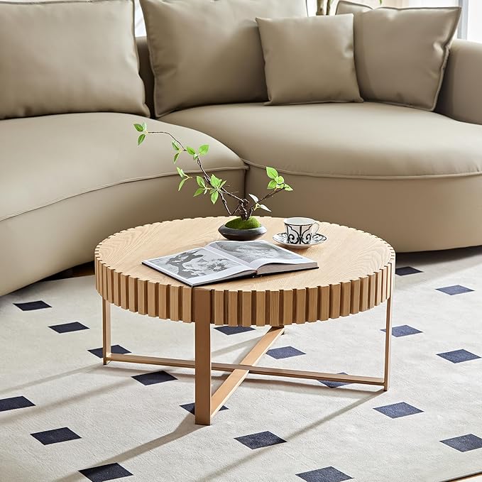 31.49'' Original Wood Color Round Coffee Table for Apartment, Modern Living Room Coffee Table with Sturdy Pedestal Base (Oak, 31.5)