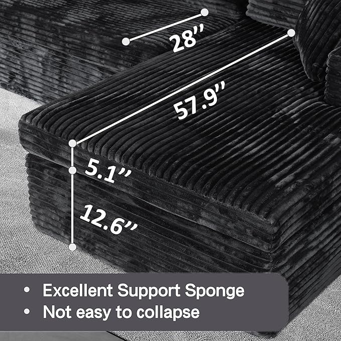 luckyvo 108-inch Boneless Couch for Living Room，Comfy Boneless Sofa with Deep Seats & Chaise Lounge, 3-Seat Modular Sofa Memory Foam Sectional Couches - No Assembly Required(Dark Black)