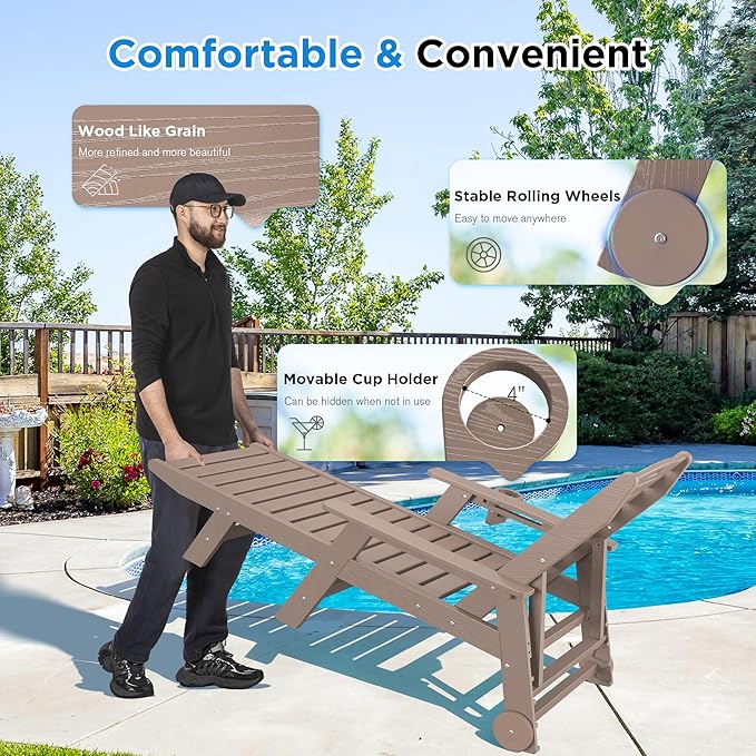 nalone Outdoor Chaise Lounge Chair Set of 2 with Wheels & Cup Holder, HDPE Pool Lounge Chairs with 5-Position Adjustable Backrest Supports Up to 400 LBS for Patio Poolside Deck Beach (Grey Brown)