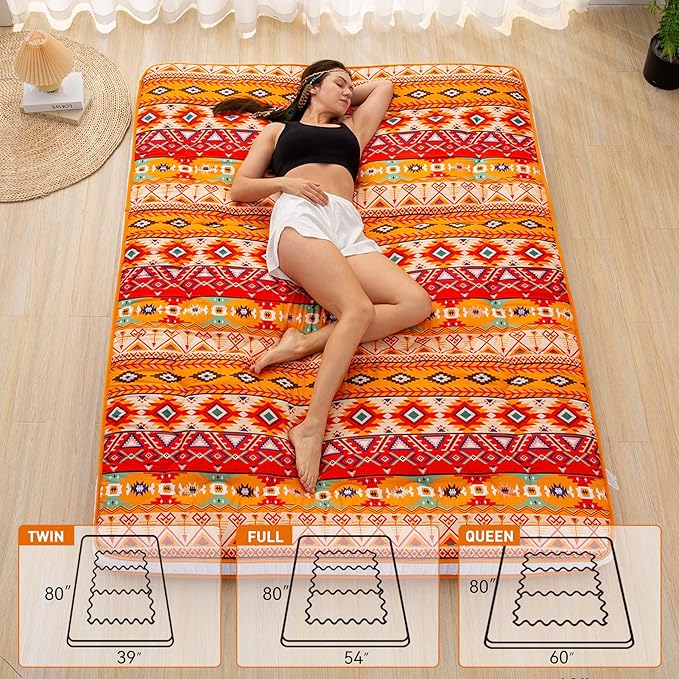 Dr.Futon Japanese Floor Futon Mattress Extra Thick Folding Roll Up Bed Topper Mat for Guest Lounger and Tavel Tradional Pattern