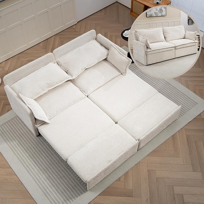 GRAINLLE King Size Pull Out Couch,3-in-1 Corduroy Sleeper Sofa with Pull Out Sofa Bed,USB & Side Storage,Convertible Loveseat Sleeper Couch for Living Room, Bedroom, pet-Friendly(Beige, 73.6'')
