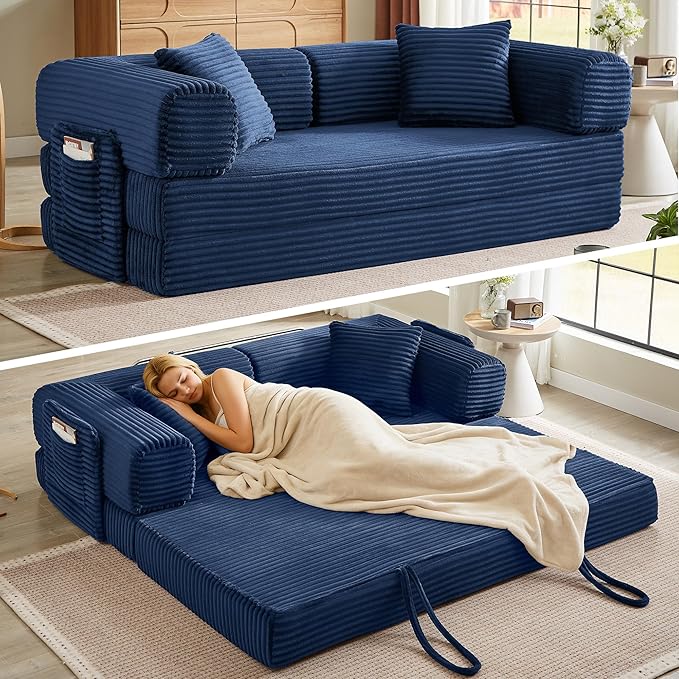 AUGOP Boneless Couch Folding Couches for Living Room Sofa, Futon Sofa Bed with Sleeper Sofa, Futon Couch with Fixed-Shape Oversized Corduroy Upholstered (Blue, 81 Inches)