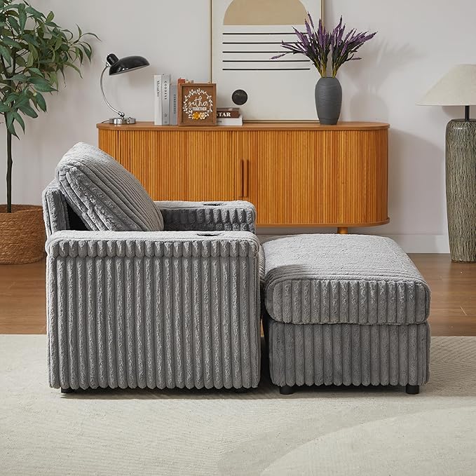 Eafurn 42.5" Oversized Accent Chair with Storage Ottoman Convertible Chaise Lounge, Corduroy Cloud Sofa Chair w/Cupholders, Modern Extra Wide Armchair
