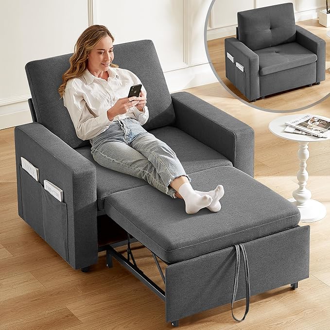 WEUP 42.5" Sleeper Sofa Chair Bed, 3-in-1 Convertible Sleeper Chair with Pull Out Bed, Adjustable Reclining Backrest, Side Pockets, Basic Dark Grey