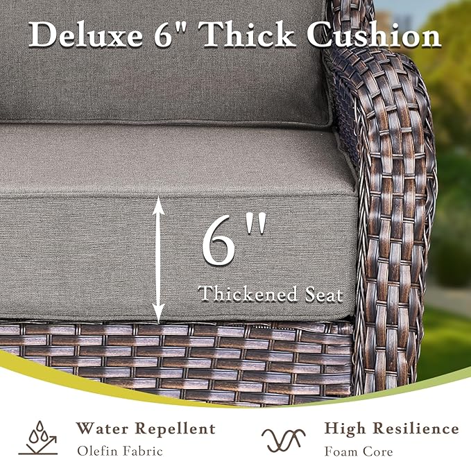 Luxury High Back Outdoor Furniture with 6-inch Extra Thick Cushions, Patio Furniture Set with Fire Pit Table & Swivel Chairs, 9 PCS Wicker Conversation Set for Yard, Deck, Poolside, Brown/Grey