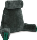 Husband Pillow Medium Dark Green, Backrest Kids, Teens, Petite Adults - Reading Pillows with Arms, Adjustable Loft, Plush Memory Foam, Bed Rest Chair Sitting Up, Detach Neck Roll, Removable Cover