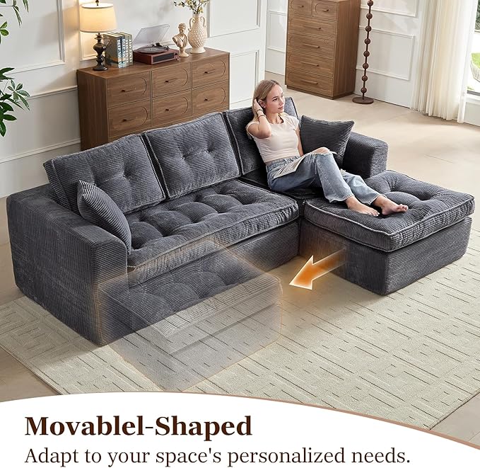 Modular Sectional Sofa, Modern Boneless Couch with L-Shape Chaise, Home Sectional Comfy Sofa Set for Living Room Bedroom and Floor, Plush Corduroy, No Assembly Required (Gray)