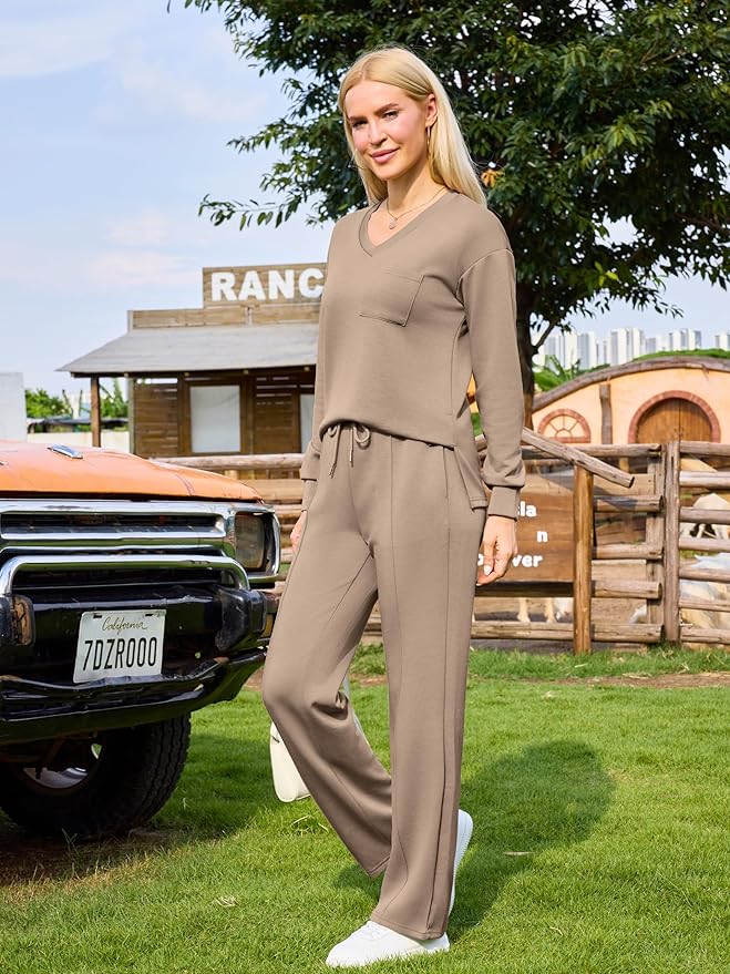difficort Women's 2 Piece Lounge Sets Casual Travel Airport Outfits Side Slit V-Neck Tops & Wide Leg Pants Matching Set