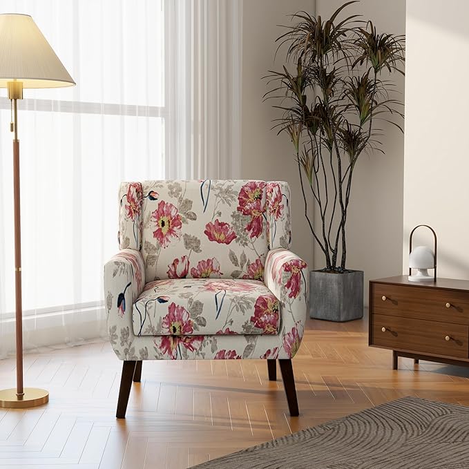 DREAMSIDEA Accent Chairs, Modern Linen Blend Arm Chair for Living Room, Bedroom, Comfy High-Resilient Sponge Reading Chair for Small Spaces (Pattern Pink Floral, Set of 2)