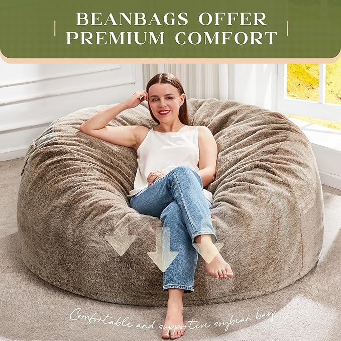 Hobestluk Bean Bag Chairs Giant Beanbag Chair with Filler, Memory Foam Bean Bags with Fluffy & Machine Washable Cover, Bean Bag Chairs for Aduts for Living Room, Bedroom (BROWN, 4FT - 44” x 44” x 24”)