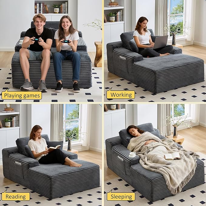 POINTANT 49”W Chaise Lounge Indoor, Oversized Couch Chair with 3 Throw Pillows, Corduroy Upholstered Boneless Sofa Bed,Lazy Bed Sleeper Reading Chairs for Living Room Apartment, No Assembly (Grey)