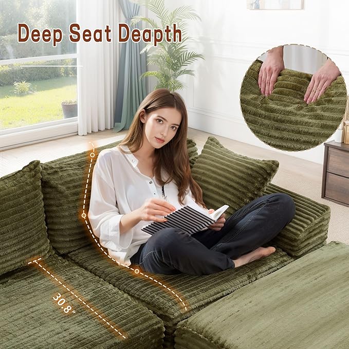 Korser 110" Sectional Couches for Living Room, Modular Sectional Sofa with L-Shape Chaise, Cloud Couch, Comfy Corduroy Fluffy Couch with Deep Seat and Side Pockets