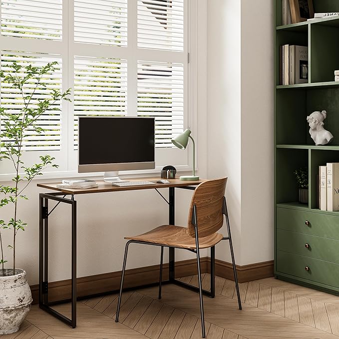 Folding Desk - 39.4” Wood Top Foldable Desk for Small Spaces | No Assembly Required Compact Desk for Home Office, Writing, and Study
