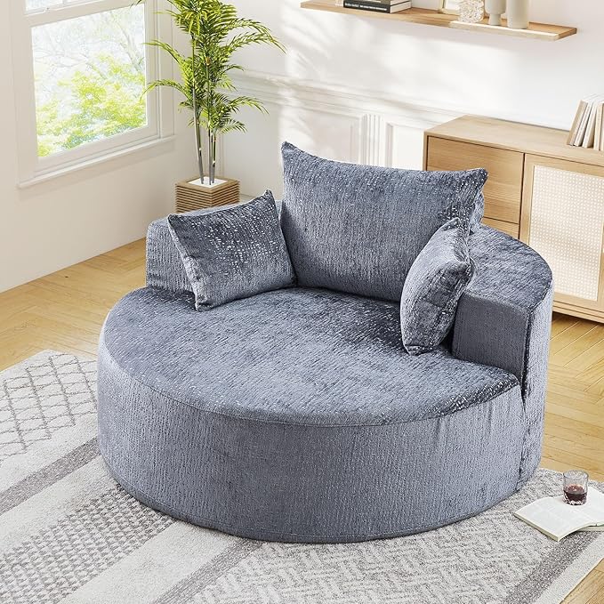 JEEOHEY Modern Round Accent Sofa Chair for Living Room, Upholstered Chenille Barrel Lounge Arm Chair with Large seat&Throw Pillows for Bedroom, Office, Apartment, Grey