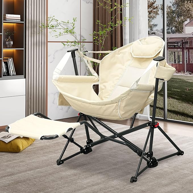 GDY Camping Chairs, Oversized Hammock, Folding Rocking Chairs, Adjustable Back Swing Chairs, Cup Holder, Outdoor Beach Lawn, White.