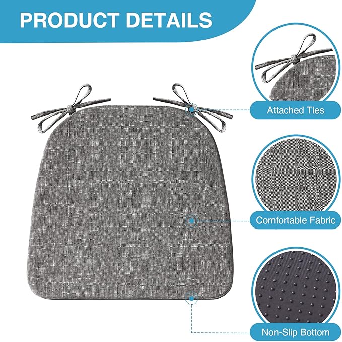 Chair Cushions for Dining Chairs Set of 6, Non Slip Kitchen Chair Pads, 17" x 16" x 2", Indoor Dining Chair Cushions with Ties, D-Shaped Seat Cushions for Kitchen Chairs, Dark Grey