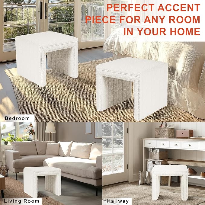 HomePop Modern Channel Tufted Ottoman|Homepop Home Décor|Ottoman for Living Room & Bedroom - Cream Boucle