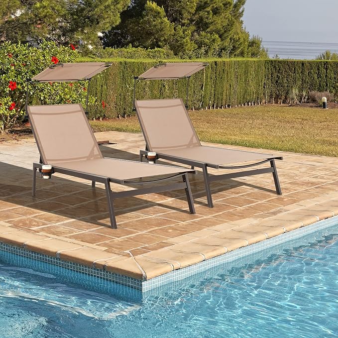 HAPPYGRILL Outdoor Chaise Lounge, 6-Position Recliner Lounger with Adjustable Sun Shade & Cup Holder, Adjustable Reclining Chair for Outside Beach Balcony Poolside