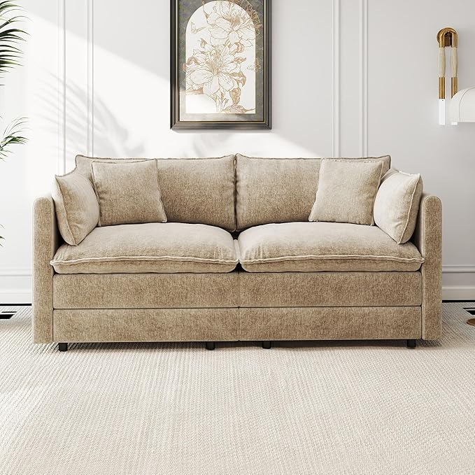 Aoowow Modular Sectional Sofa Modern Convertible Loveseat Couch,77.16 Inch Deep 2-Seater Sofas Comfy Chenille Cloud Sofas and Couches with Pillows for Living Room Apartment（Camel）