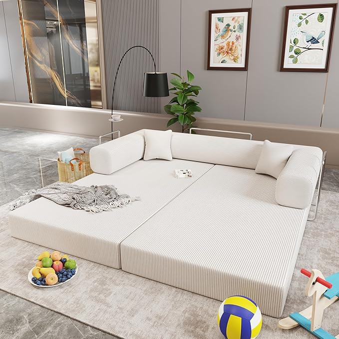 Modern Floor Sofa Bed with Bolster Pillows, Couch Bed,Foldable Sofa bigsize Sofa Convertible Lounger, Beige Corduroy