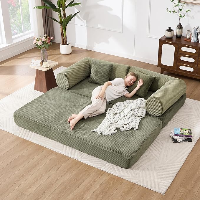 Tbfit Boneless Sofa Bed, Corduroy Compress Couch with Wide Armrests & 2 Pillows, Deep Seat Couches for Living Room