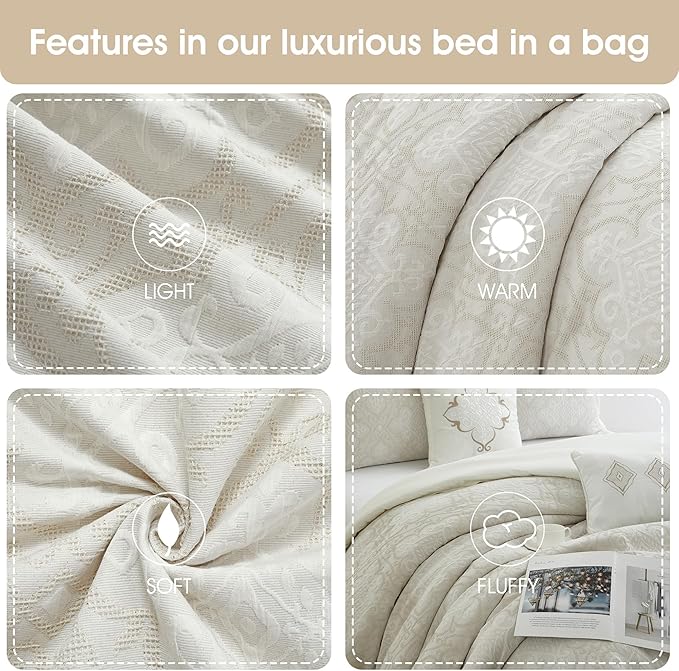 Grand Avenue 6 Piece Cotton White Comforter Set, California King Size Jacquard Bedding Set, All Season Geometric Bedding, Matching Pillows, Shams, Bed Skirt