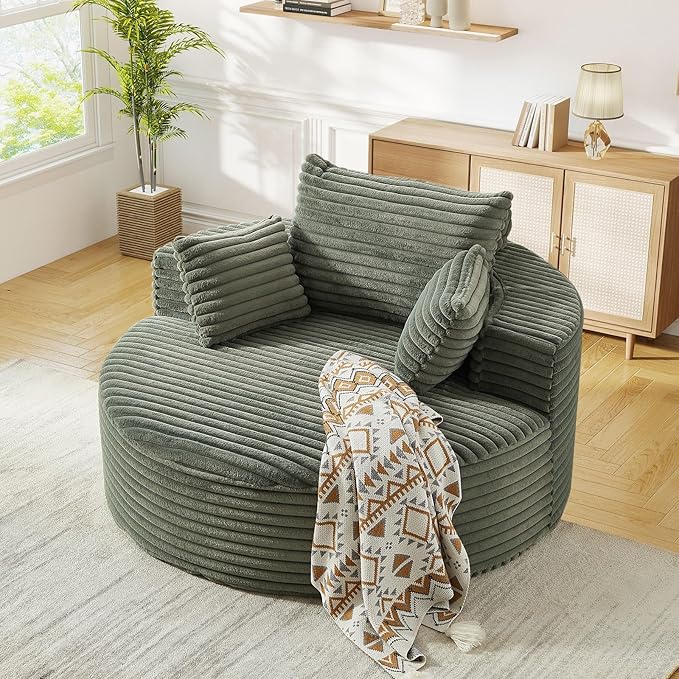 JEEOHEY Modern Round Accent Sofa Chair for Living Room, Upholstered Corduroy Barrel Lounge Arm Chair with Large seat&Throw Pillows for Bedroom, Office, Apartment, Green