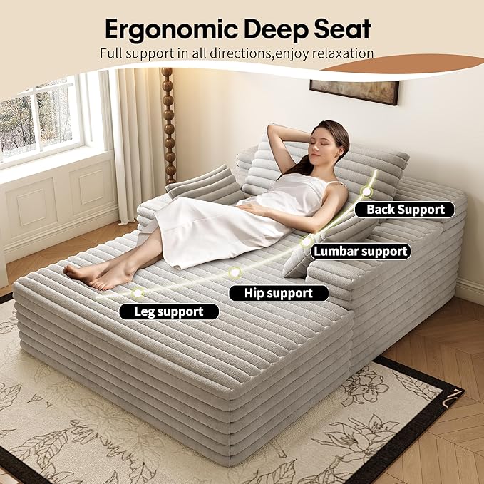 Oversized Chaise Lounge Chair Indoor,51" W Upholstered Sofa Bed,No Assembly Required,Fluffy Plush Modern Single Sleeper Couch Reading Chairs Corduroy Cloud Sofas Couches for Living Room, Bedroom,Grey
