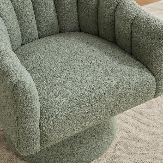 SEYNAR Swivel Accent Chair,Upholstered Teddy 360° Swivel Barrel Chair for Living Room Overstuffed Bouncle Reading Chair Round Armchair for Bedroom,Vanity,Office-Green