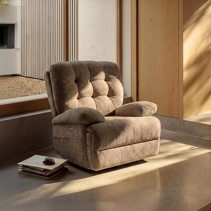 COLAMY Floren Power Swivel Recliner Chair with USB & Type-c Charge,Oversized and Padded Upholstered Deep Seat and Armrest，Rocking Recliner with Double Storage Pockets,Coffee