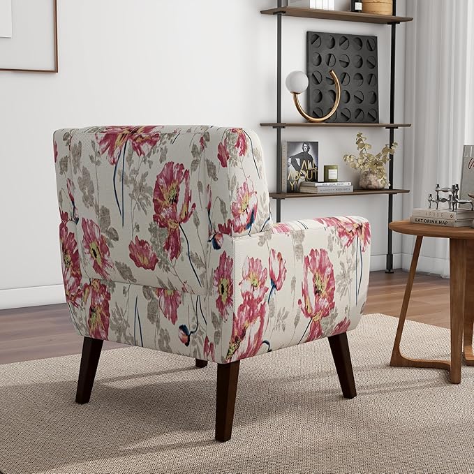 DREAMSIDEA Accent Chair, Modern Linen Blend Arm Chair for Living Room, Bedroom, Comfy High-Resilient Sponge Reading Chair for Small Spaces (Pattern Pink Floral, Set of 1)