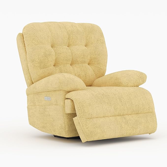 COLAMY Floren Power Swivel Recliner Chair with USB & Type-c Charge,Oversized and Padded Upholstered Deep Seat and Armrest，Rocking Recliner with Double Storage Pockets,Yellow