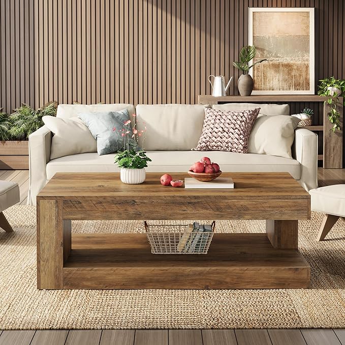 Tribesigns Coffee Table for Living Room, 47.24 Inch Farmhouse 2-Tier Accent Center Tea Cocktail Table with Storage, Brown, Rectangle